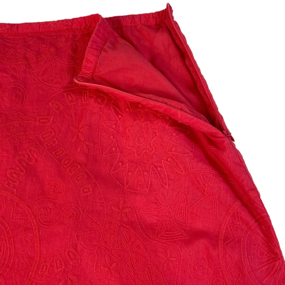 Susan Bristol Red/Pink Embroidered Cotton Skirt L‎ Ruffle Hem Boho Cottagecore